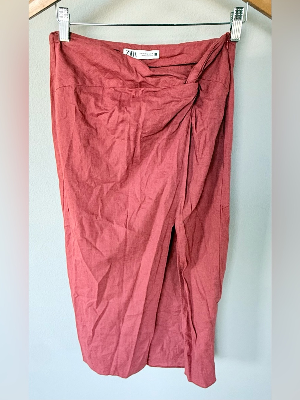 ZARA Terracota Wrap Midi Skirt Linen Blend Size M High Slit Tie Accent Zip